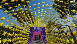 Toy windmills attract visitors in rose park in east China's Zhejiang