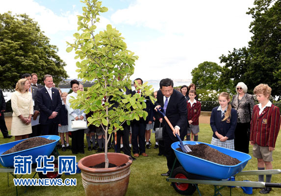 11月18日，國家主席習(xí)近平在澳大利亞塔斯馬尼亞州與朗塞斯頓市斯科奇－歐克伯恩小學(xué)的小學(xué)生共同植樹。新華社記者 饒愛民 攝